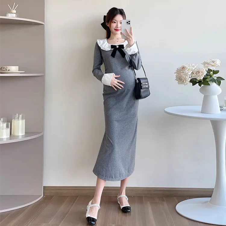 孕妇装2025春秋新款时尚甜美法式简约蝴蝶装饰显瘦淑女气质连衣裙