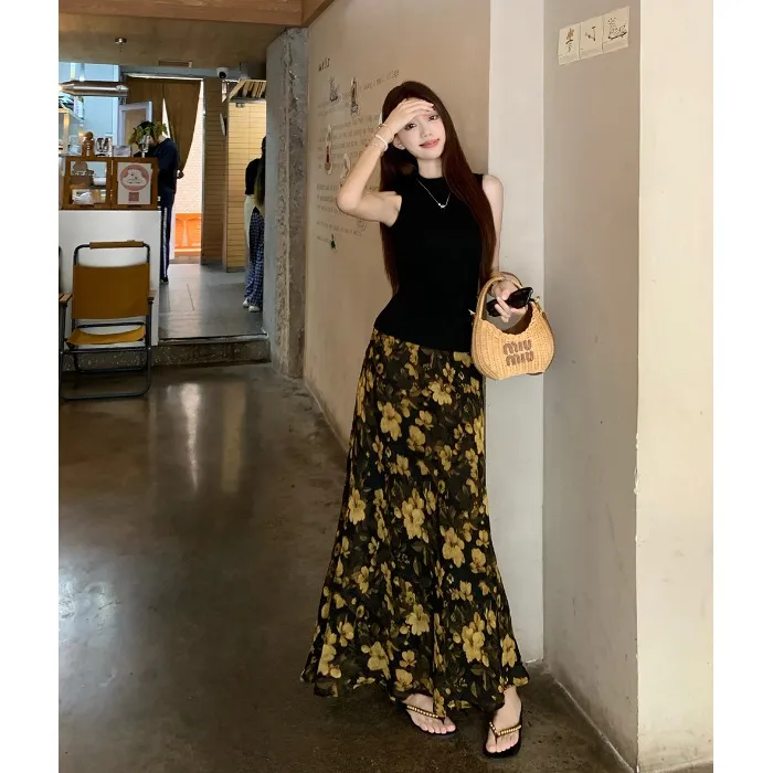 时尚气质套装黑色无袖背心女夏季高腰碎花包臀裙半身裙长裙两件套