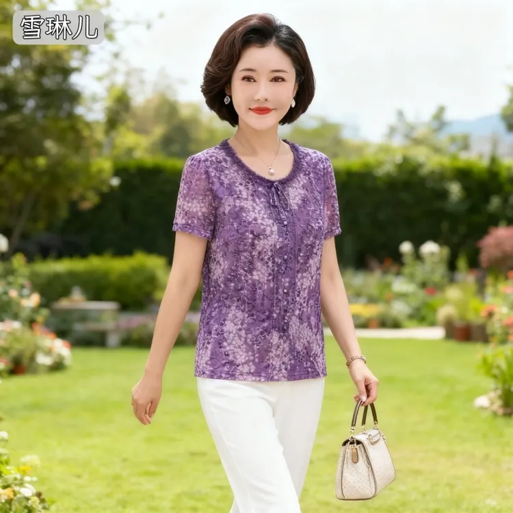 新款时尚中年女洋气质上衣薄短袖台湾网纱妈妈夏装圆领速干T恤