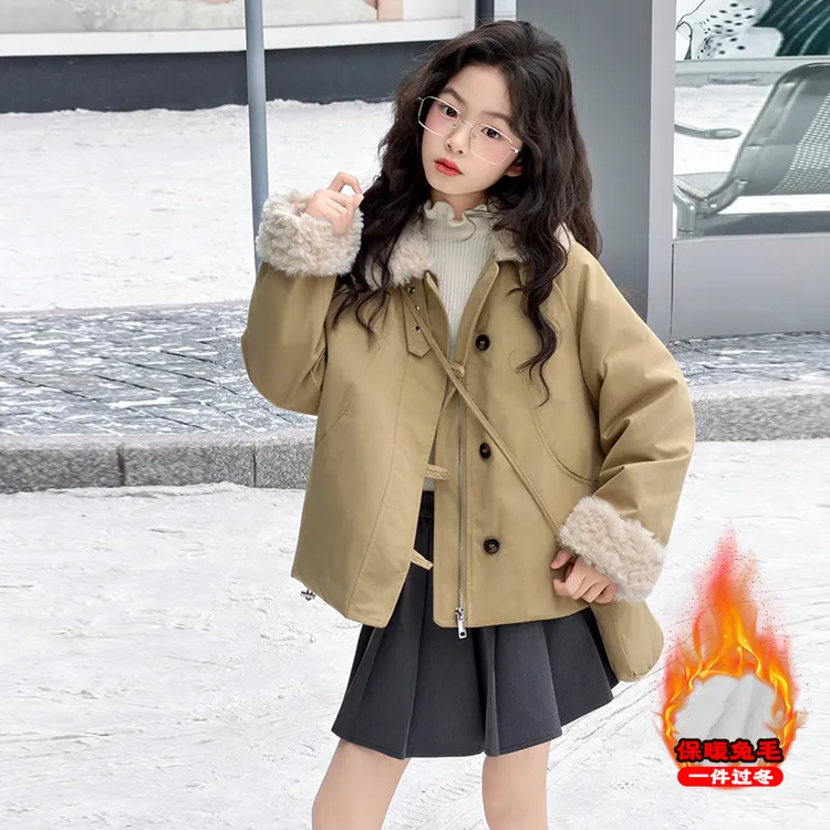 女童冬装外套2025新款儿童洋气时髦女孩中大童羊羔毛工装加厚上衣