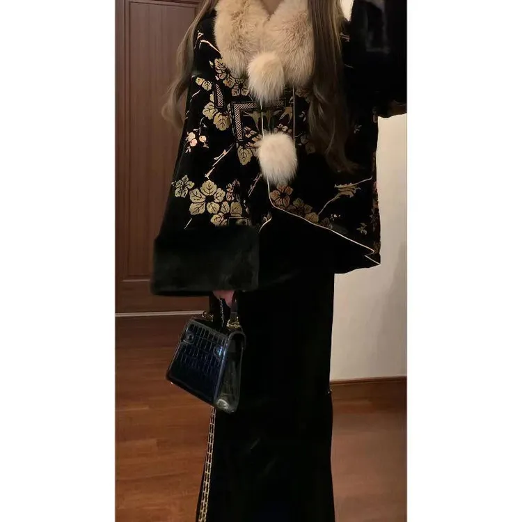 秋冬季黑色短外套半身裙两件套千金风时尚套装加厚两件套5126气质