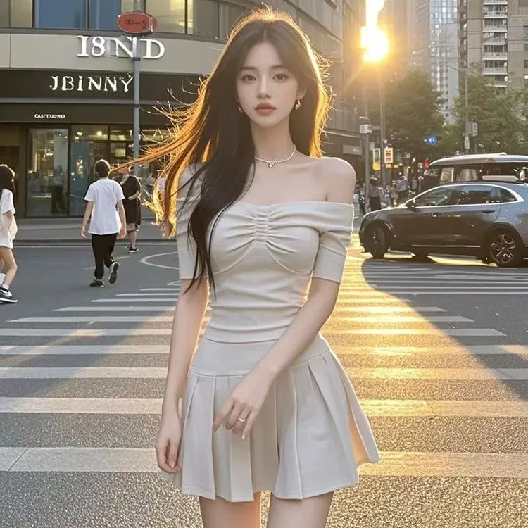 【KEKE】优雅气质一字肩连衣裙女2025新款甜辣妹收腰百褶A字裙子