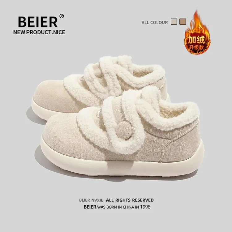 BEIER短毛绒雪地靴2025冬季新款学生百搭魔术贴棉鞋厚底女鞋3020