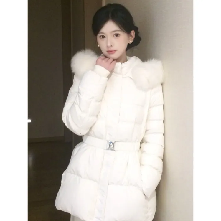 系带收腰羽绒服女冬季韩系修身显瘦加厚连帽大毛领90白鸭绒外套