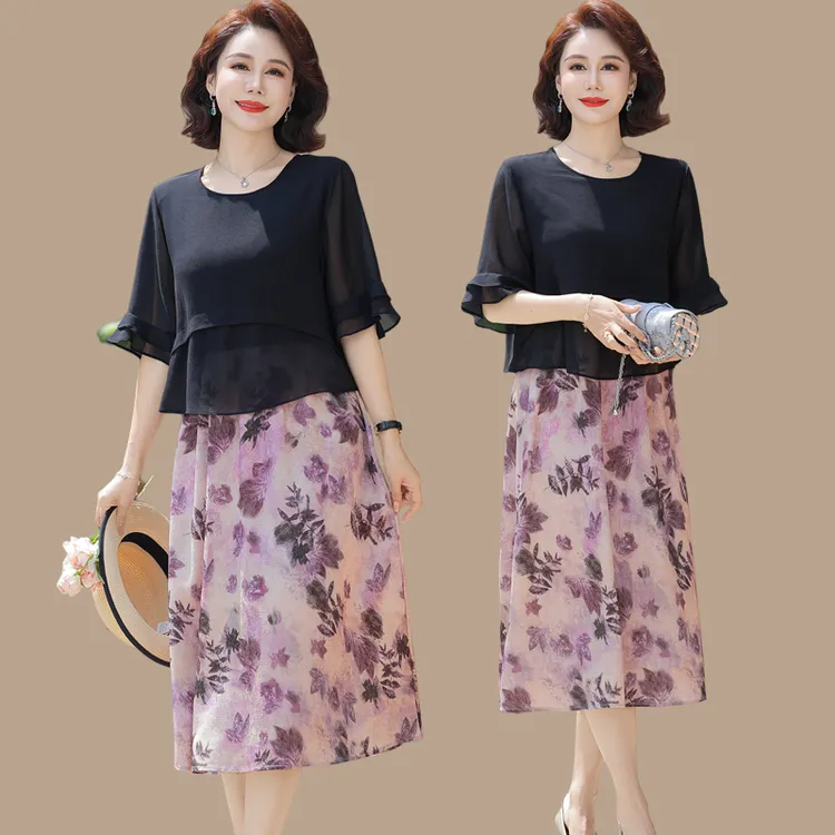 妈妈夏装假两件连衣裙洋气母亲节新款中老年女士气质显瘦雪纺裙子