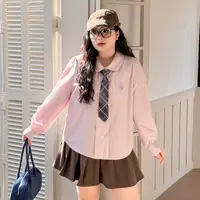 DC8273大码女装【学院风条纹衬衫】三种衣长法式娃娃领刺绣长袖衬衣