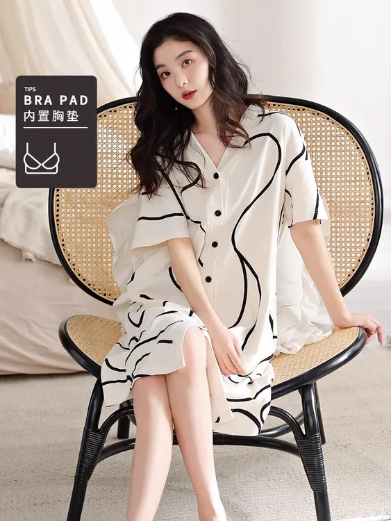 睡裙女款2025新款夏季带胸垫纯棉短袖夏天雅艺性感全棉睡衣女款夏