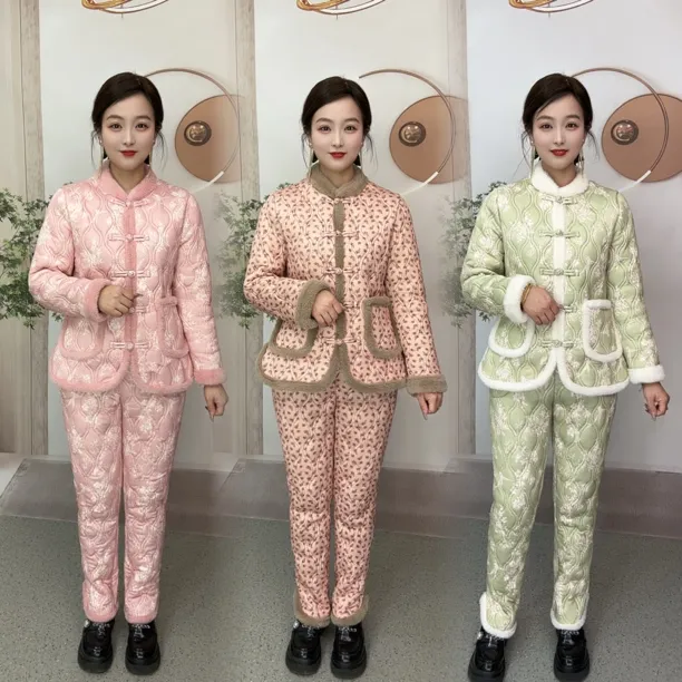 加绒加厚保暖民族风冬季修身显瘦中式套装两件套花棉袄居家服
