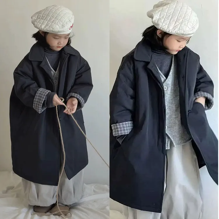 女童棉服2025秋冬新款儿童简约翻领风衣外套中长款宽松松弛感外套