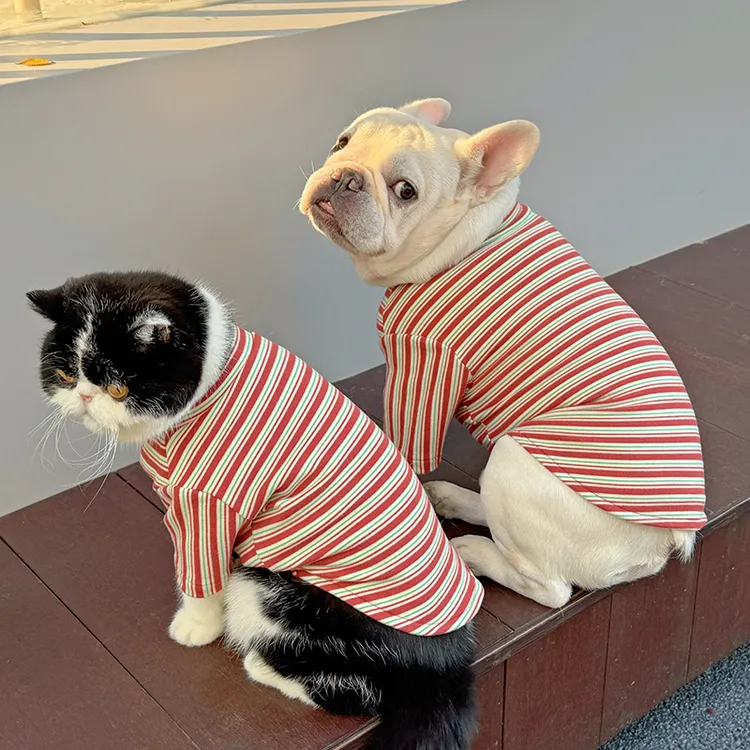 秋冬新款法斗巴哥斗牛犬衣服德绒弹力舒适保暖条纹打底衫短袖T恤