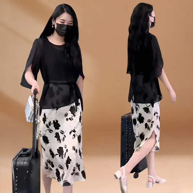 今年流行时尚套装裙2025夏季不规则透视罩衫+印花吊带裙两件套装