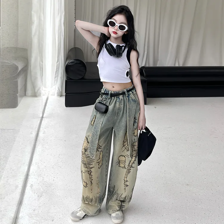 女童牛仔裤夏季新款爵士舞洋气时髦女孩背心中大童个性直筒裤套装