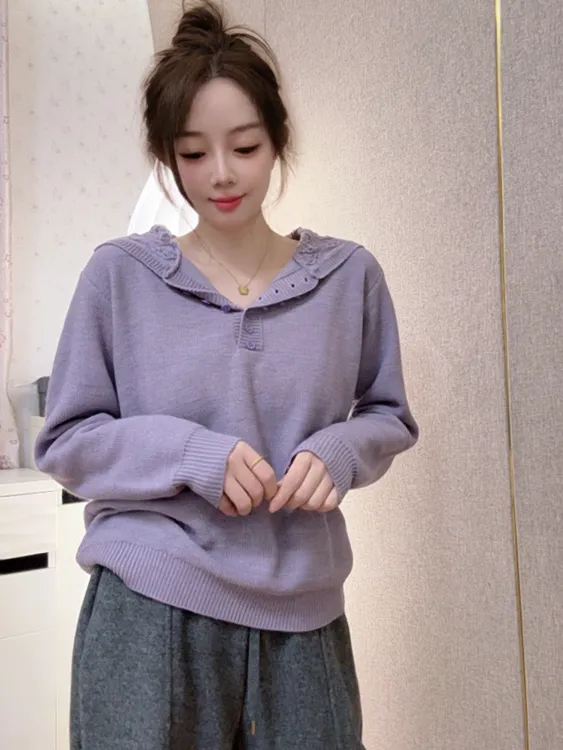 【运费补贴】韩版慵懒风蕾丝拼接连帽绵羊毛针织衫女时尚百搭毛衣