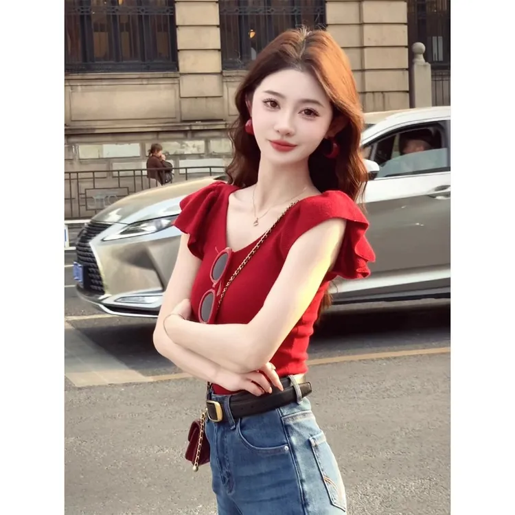 纯欲辣妹V领针织短袖t恤女夏季新款修身显瘦短款气质时尚小众上衣