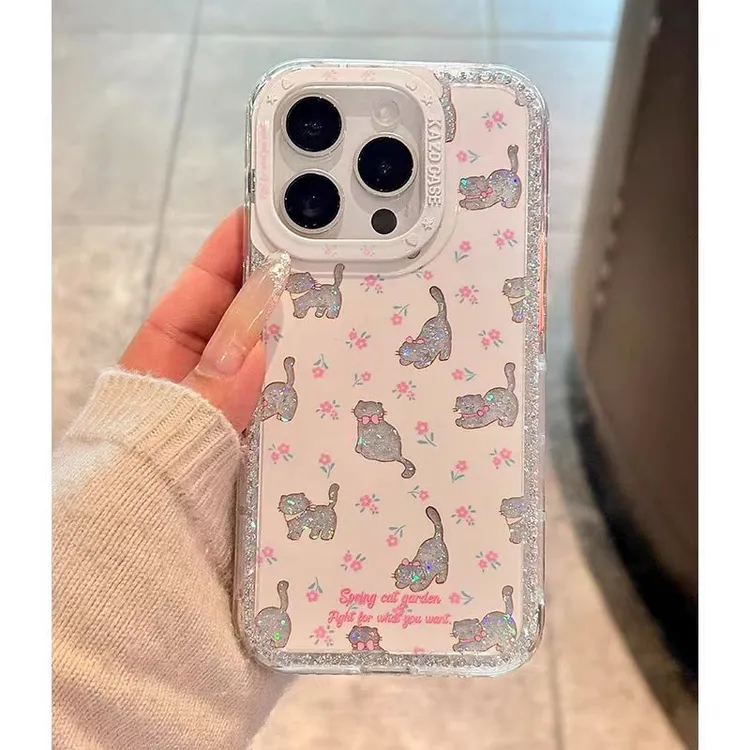 ins风碎花闪粉猫咪适用于iPhone16Promax手机壳苹果15可爱14/13潮