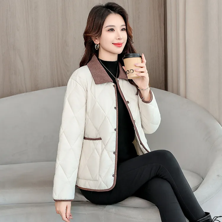 短款直筒翻领短款女纯色轻薄款棉服棉衣洋气休闲中老年棉袄女外套