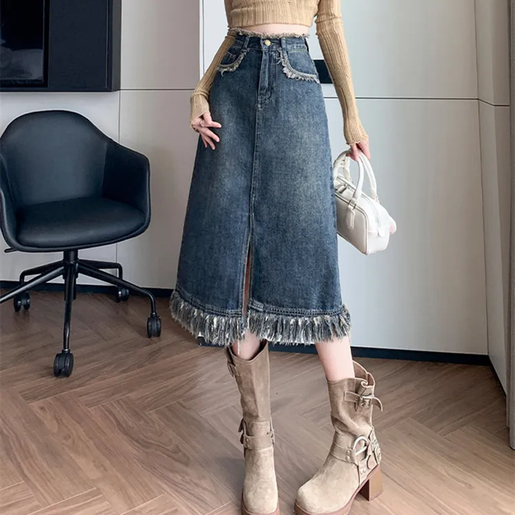 牛仔半身裙女春季新款流苏复古时尚高腰显瘦中长款大摆遮跨a字裙