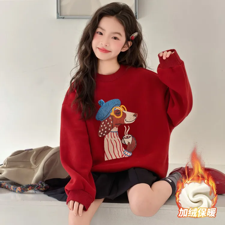 女童休闲加绒冬季卫衣时尚圆领红色加厚卫衣中大童2025新款宽松