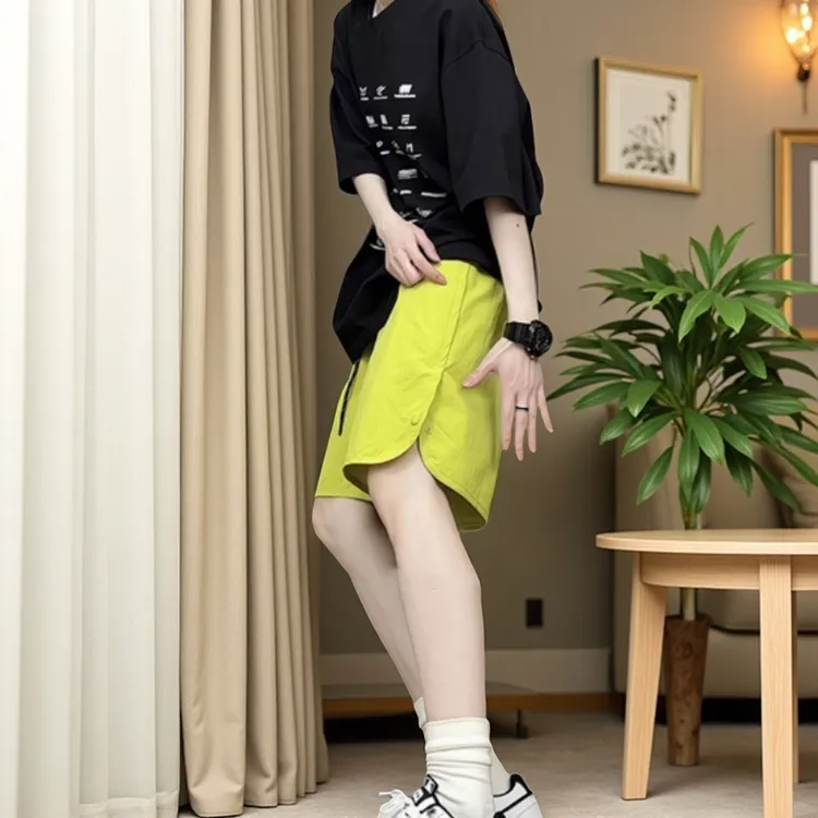 柠檬黄排扣速干短裤男夏季薄款外穿沙滩裤子美式休闲四五分中裤