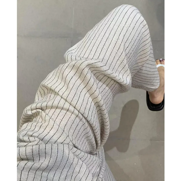 米杏色棉麻条纹阔腿裤女夏季小个子高腰垂感亚麻直筒裤宽松休闲裤