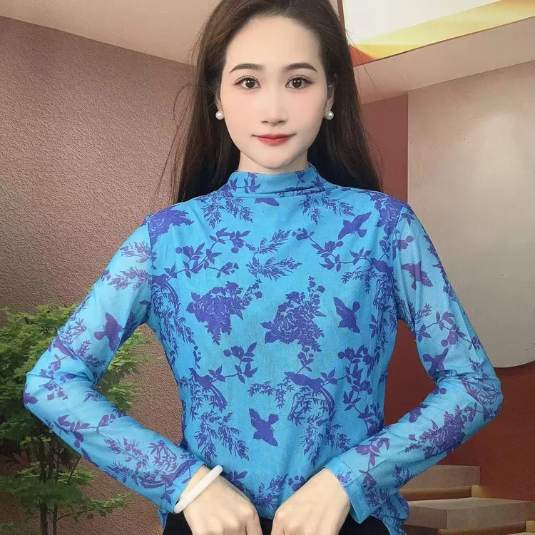 2025秋季新款长袖高领肌肤纱时尚显瘦印花T恤上衣A508