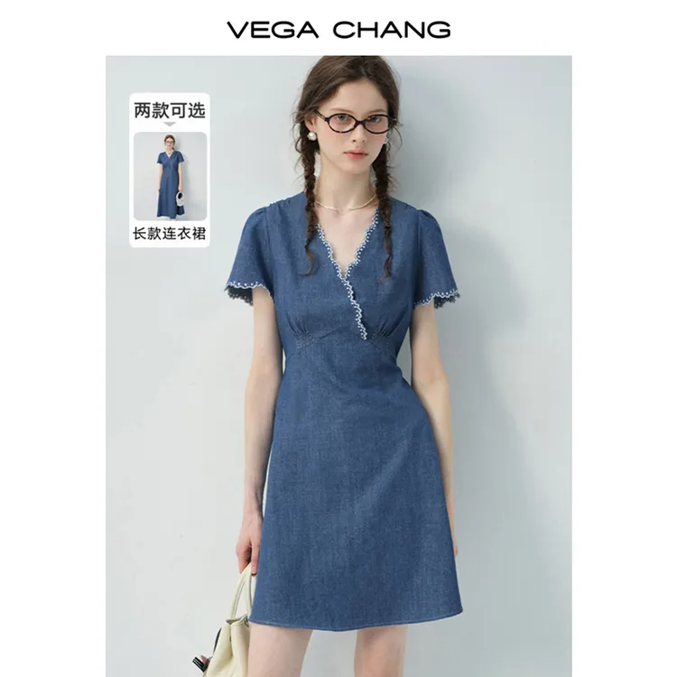 VEGA CHANG牛仔连衣裙女2025新款夏季V领蕾丝花边收腰短裙0852YY
