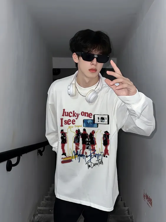 【重磅纯棉】潮流嘻哈长袖T恤春秋潮牌街头男装圆领宽松ins打底衫T
