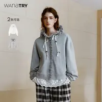 wana try浅灰/白色抽褶花边设计感廓形连帽卫衣开衫【达人】