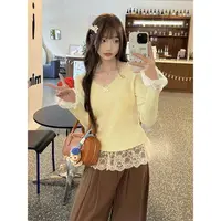 甜美蕾丝拼接蝴蝶结针织打底衫毛衣女新款显瘦秋冬长袖修身上衣