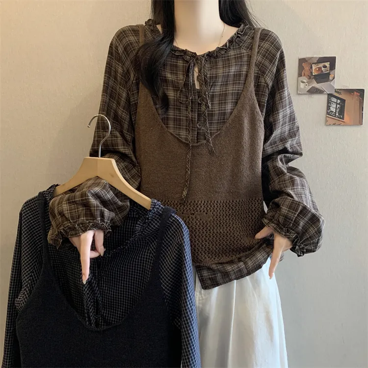 大码早秋女复古气质减龄胖MM系带格子衬衫吊带针织衫上衣两件套