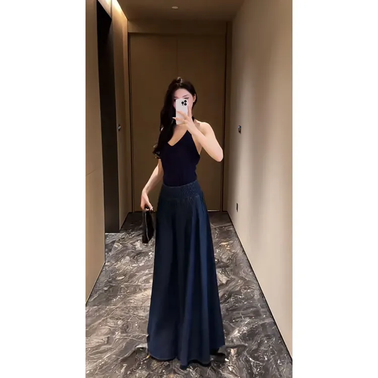 辣妹休闲百搭时尚设计感V领吊带背心上衣高腰修身显瘦半身裙套装