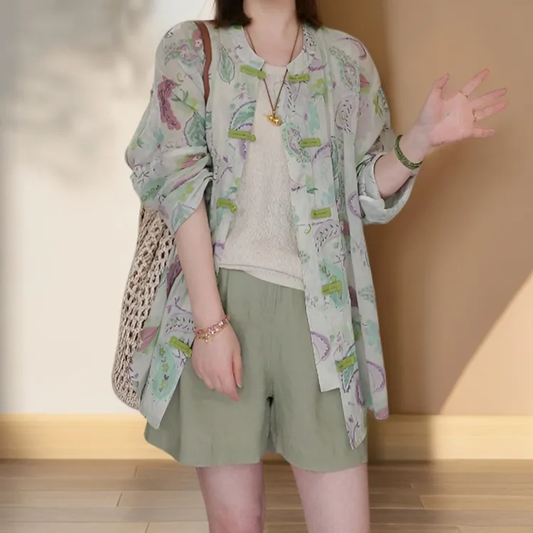 新中式国风清冷松弛感气质印花衬衫短裤套装2025超火夏装一整套女