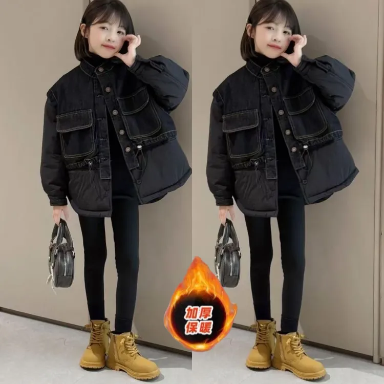 女童外套秋冬款2024新款中大童洋气冬季加厚牛仔上衣儿童冬装棉服