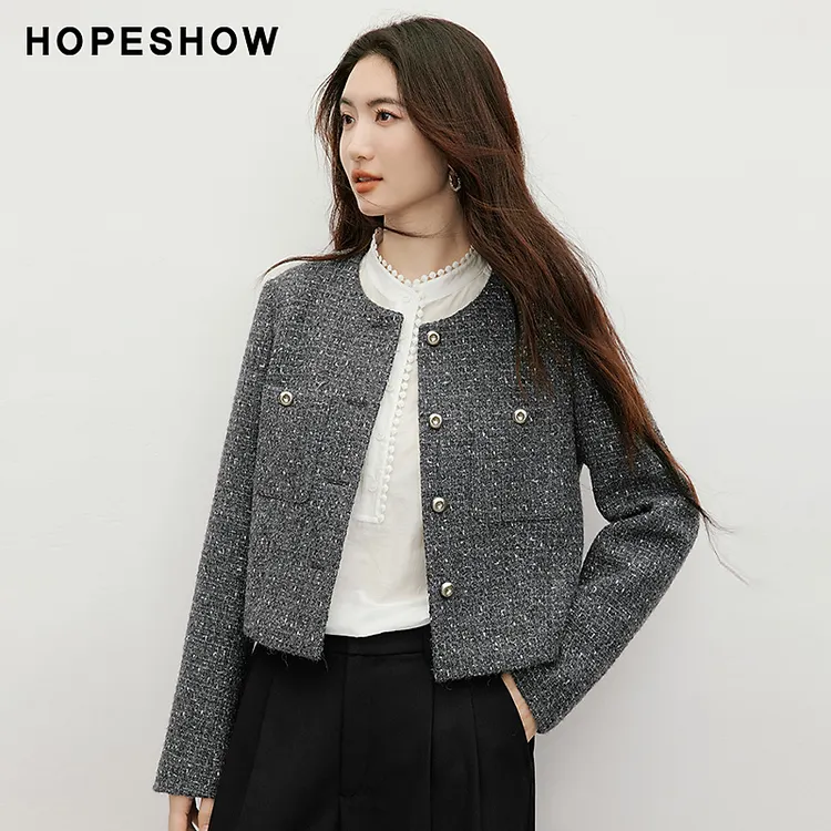 红袖2025冬季新款女装 香风亮丝粗花呢正肩长袖圆领短款外套