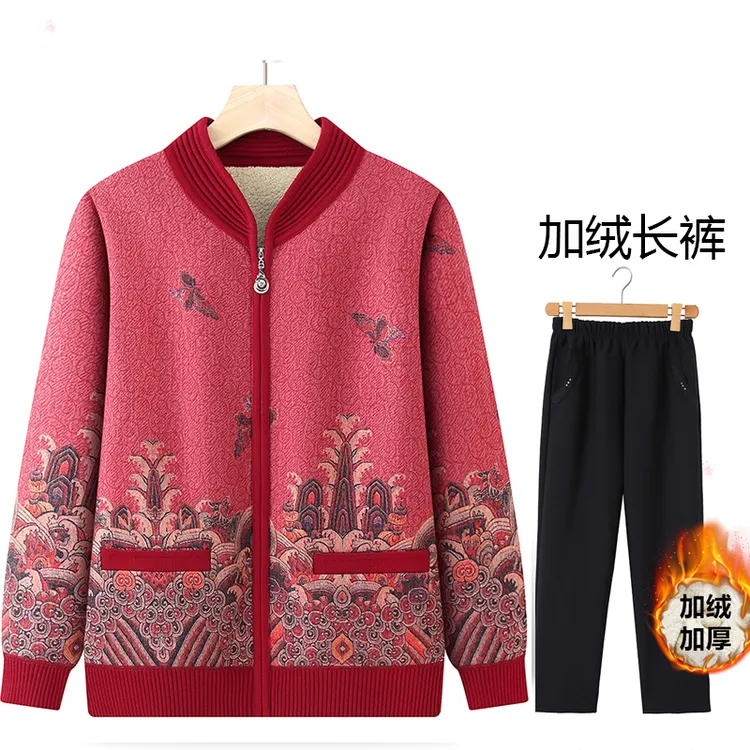妈妈冬季新款长袖加绒保暖上衣中老年女装冬款加厚外套奶奶装衣服
