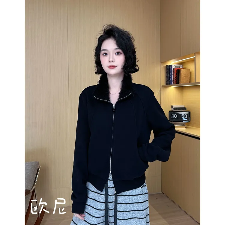 欧尼私服 2025冬款 极简百搭基础款立领毛毛双拉链卫衣 2510C6952