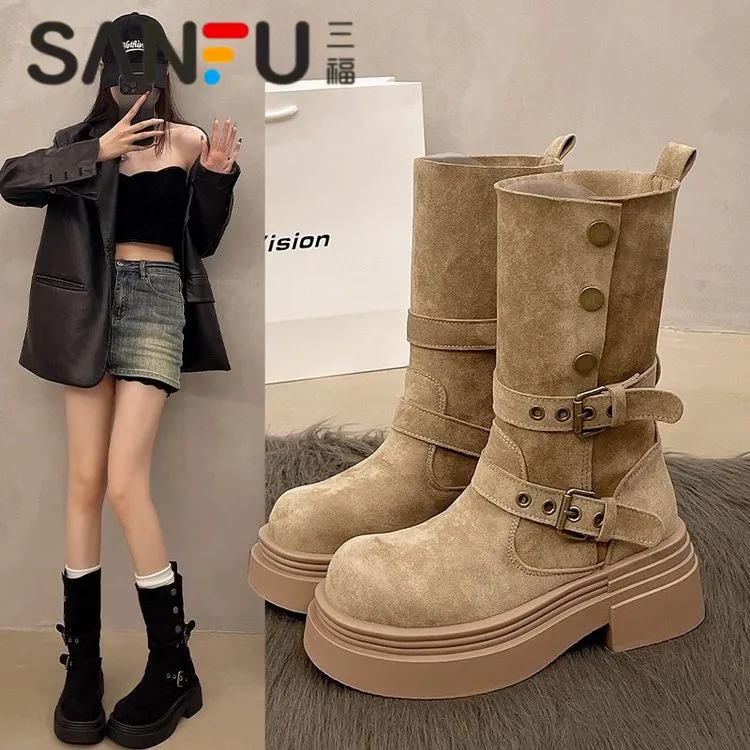 【品牌撤柜】两穿马丁靴女新款中筒靴女厚底增高小个子加绒短靴子女