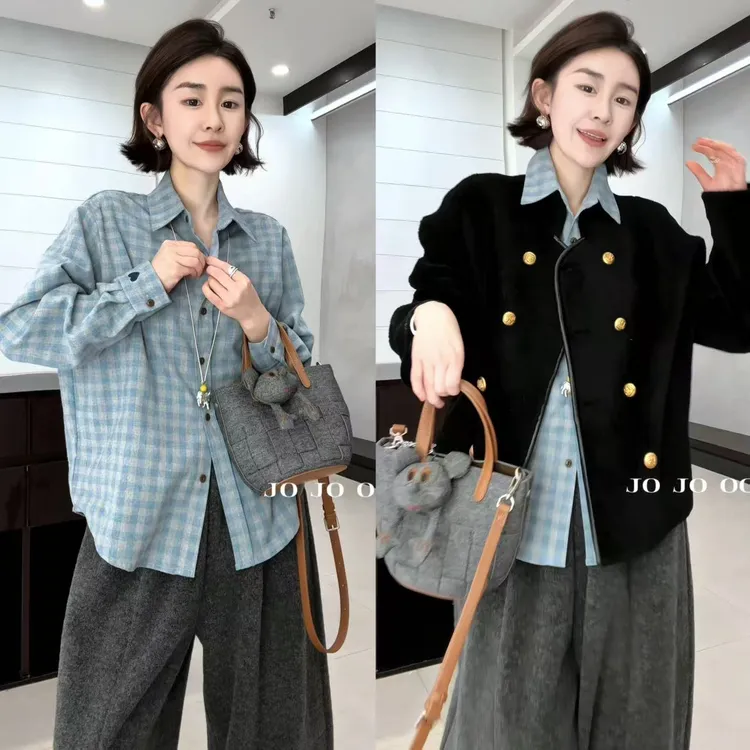 玖了个玖 2025冬季新款小众设计极简浅蓝色翻领格子衬衫2511C8387