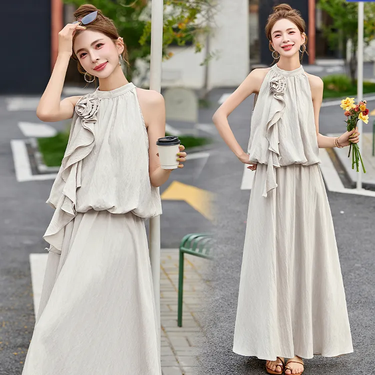 法式气质洋气时髦温柔风挂脖上衣半身裙两件套一整套夏季慵懒风