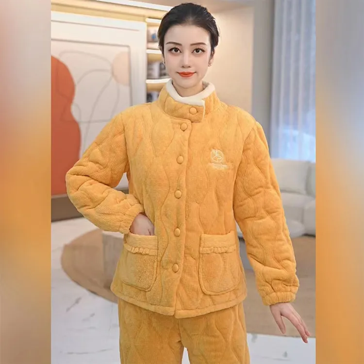 秋鹿纯色牛奶绒三层夹棉菱纹锁温冬季睡衣女套装保暖锁温加厚