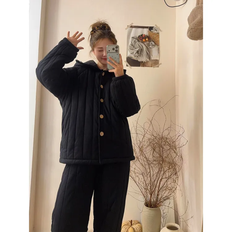 黑色连帽棉服外套三层夹棉睡衣女秋冬新款加厚保暖长裤家居服套装