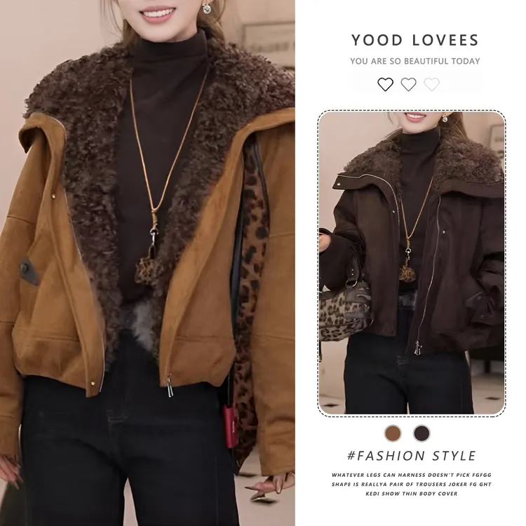 美式复古咖色毛毛领加绒加厚短款外套女冬季韩系休闲百搭保暖外套