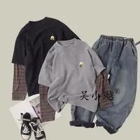 吴小越w1612男童打底衫秋款韩版拼接假两件贴标云朵绒t恤中大童