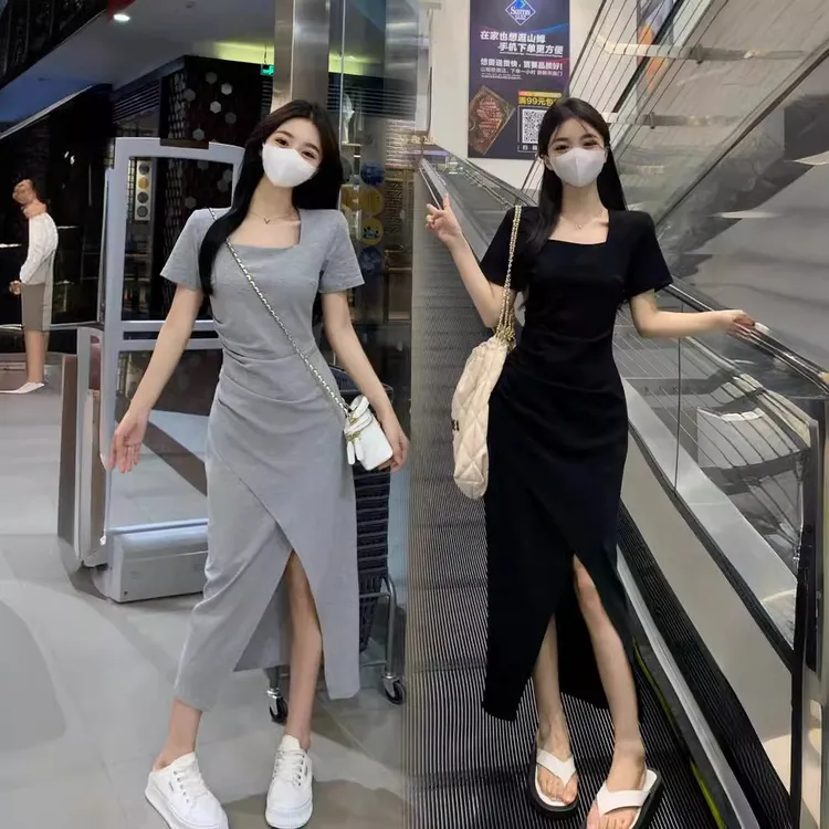2025年夏季大码女装韩版不规则开叉设计感包臀连衣裙胖mm简约裙子