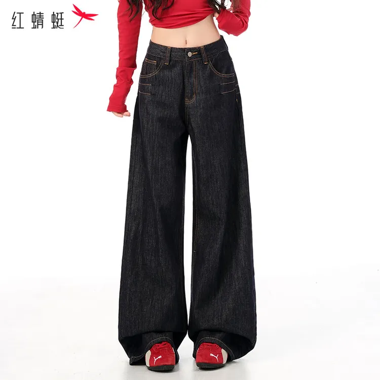 红蜻蜓秋季第三代升级不掉色原牛显瘦显高收腰阔腿牛仔裤子CY