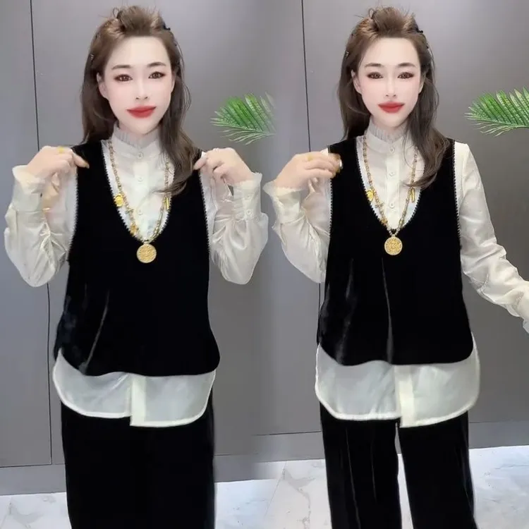 时尚浮光女士衬衫新中式丝绒马甲秋季新款上衣