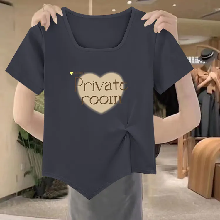 清仓捡漏~正肩t恤大码女装夏季短袖褶皱胖mm遮肚藏肉方领打底上衣