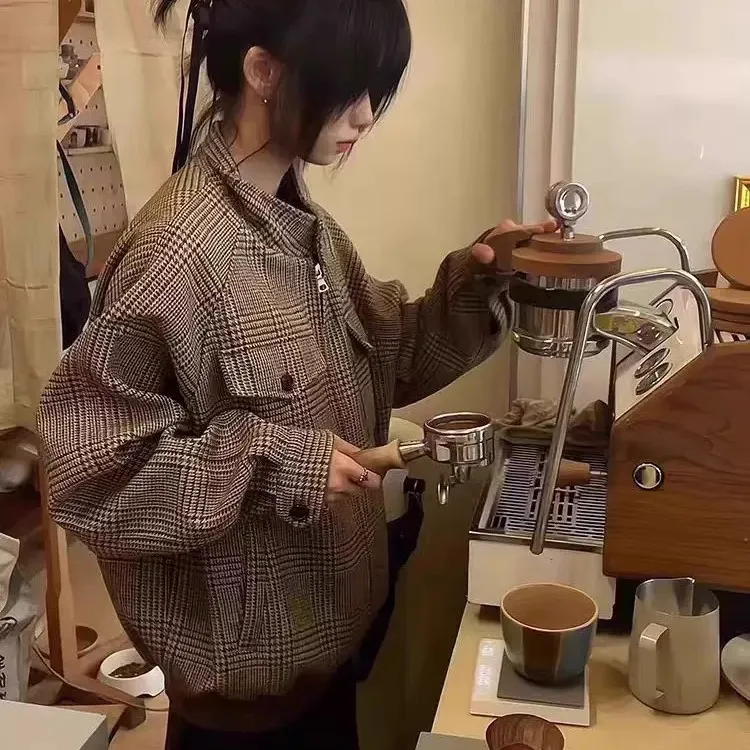 美式复古美拉德千鸟格哈灵顿休闲夹克男女短宽老钱风cleanfit外套