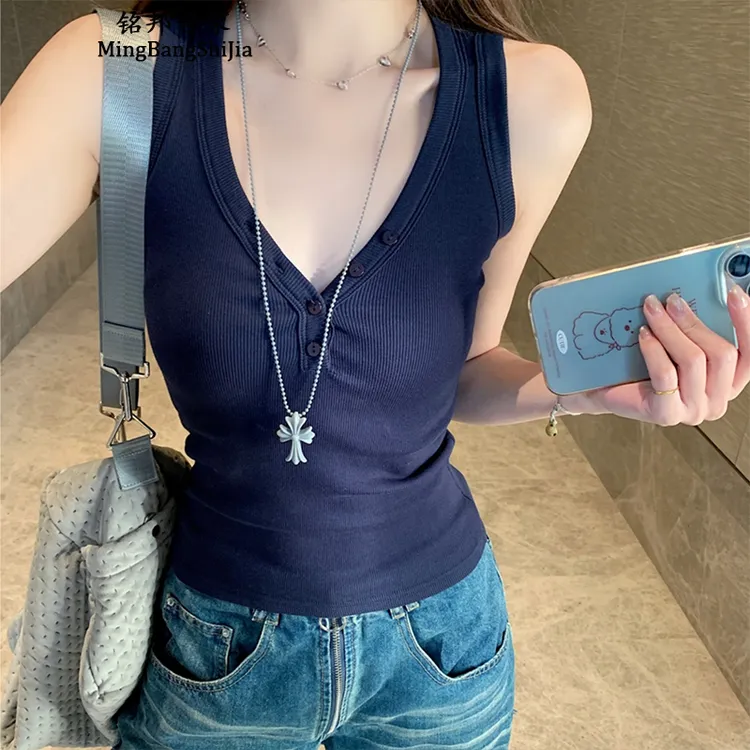 【铭邦世家】夏季新款极简纯色背心修身韩版设计感无袖美式上衣外穿