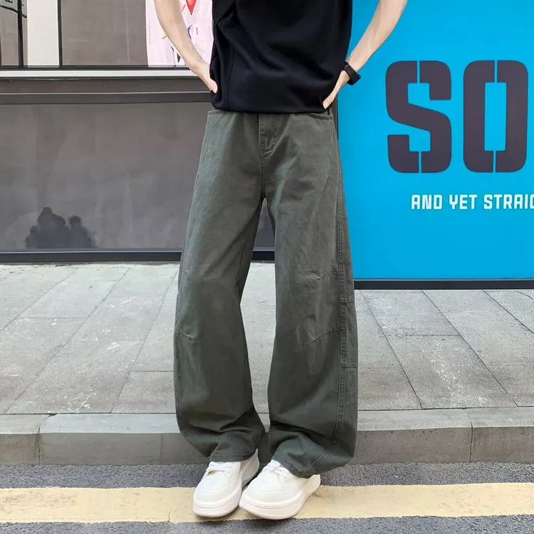 春秋美式复古洗褪baggy阔腿工装裤男女宽松直筒弯刀裤拖地长裤子